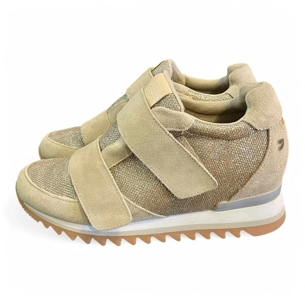 Anthropologie Gioseppo Tan / Gold‎ Metallic - Fur Wedge Sneakers Shoes 8.5